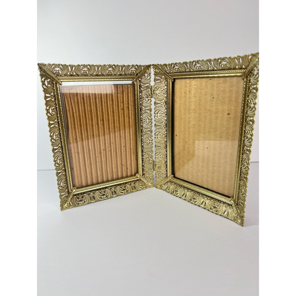 Vintage Gold Metal Ornate Filigree hinged Double  5x7‎ Photo Picture Frame
